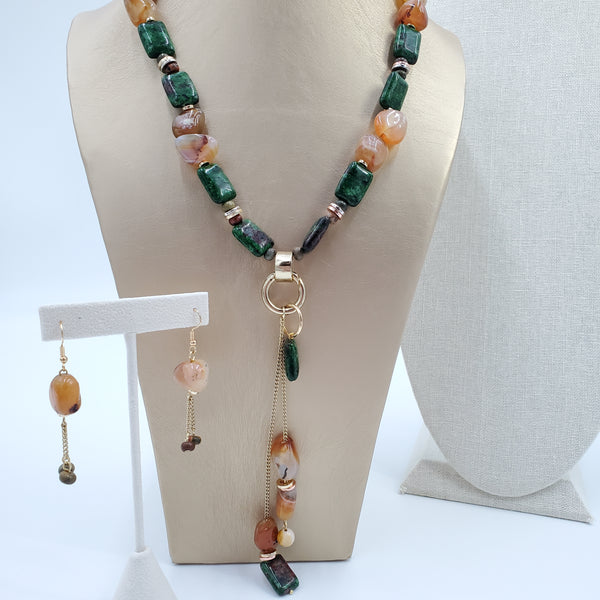 Green Jade and Yellow Jasper Necklace and Earrings