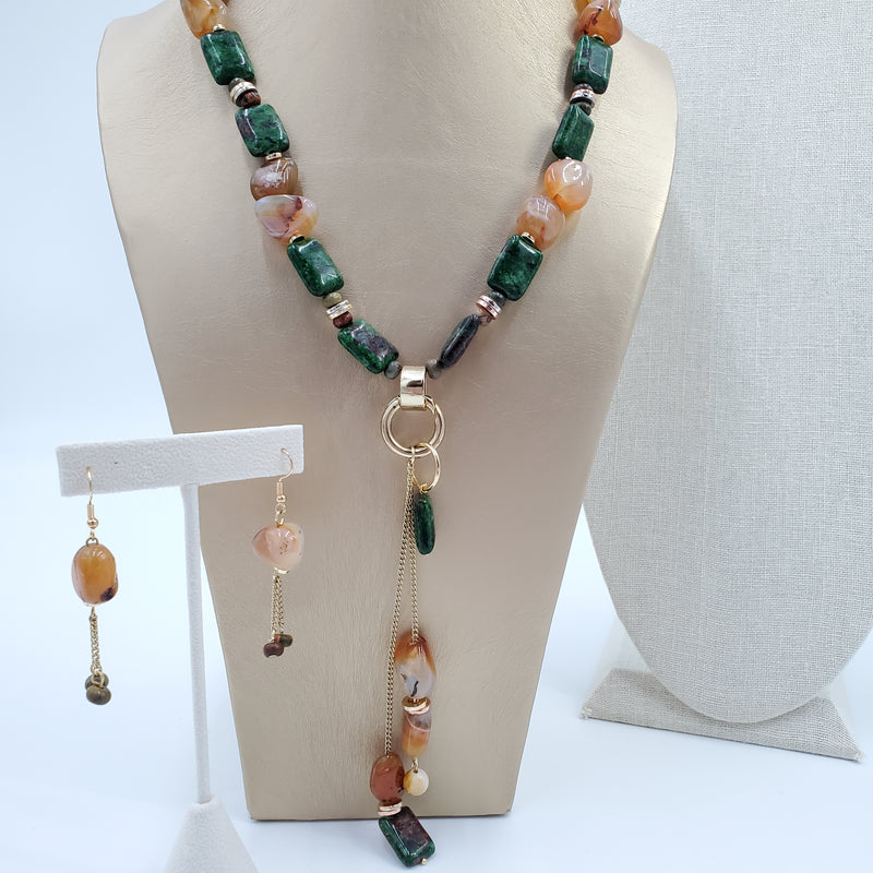 Green Jade and Yellow Jasper Necklace and Earrings