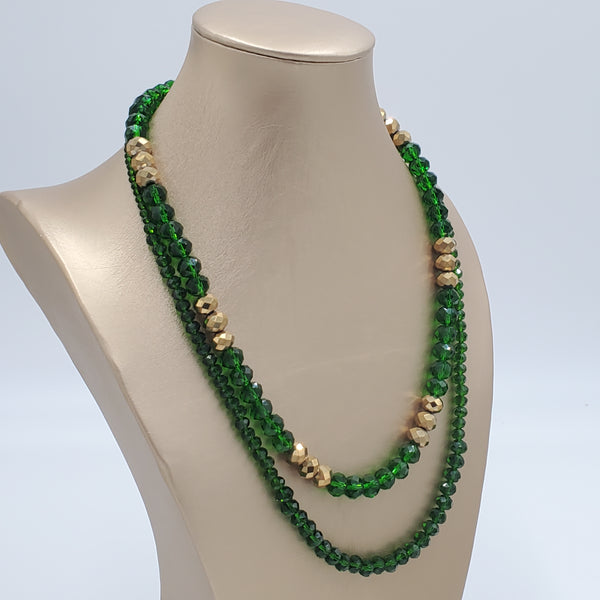 Festive Green Glass and Metal Beads Necklace
