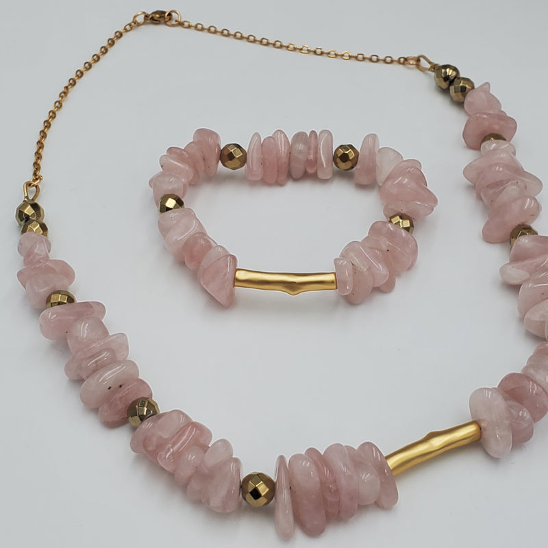 Rose Quartz Necklace And Bracelet Set