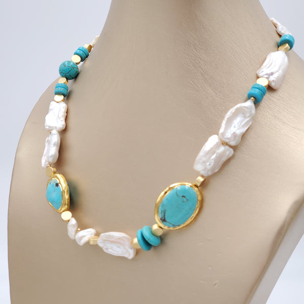 Pearl Shells and Turquoise Collar Necklace and Earrings