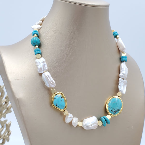 Pearl Shells and Turquoise Collar Necklace and Earrings