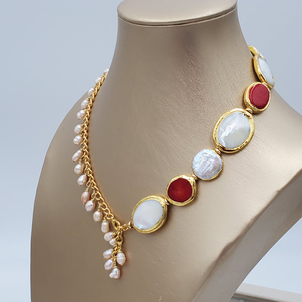 Mother of Pearl and Red Corals Collar Necklace