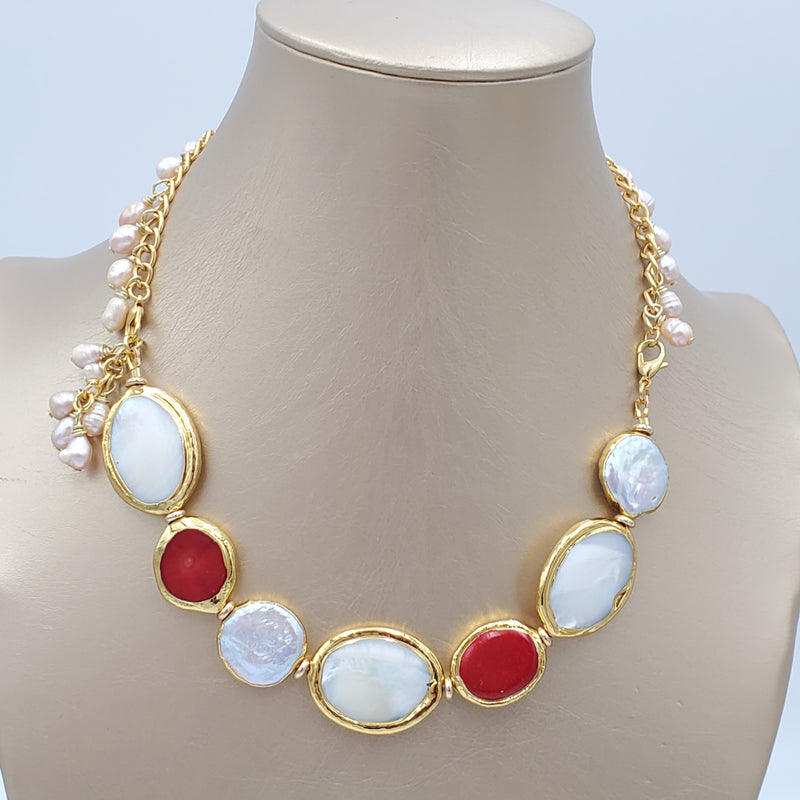 Mother of Pearl and Red Corals Collar Necklace