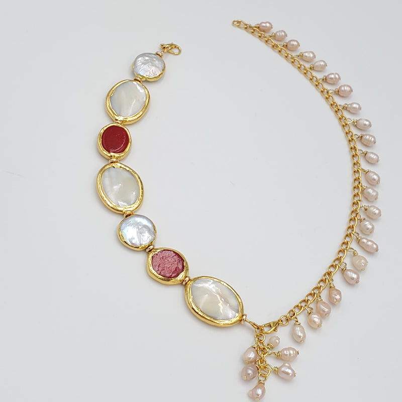 Mother of Pearl and Red Corals Collar Necklace