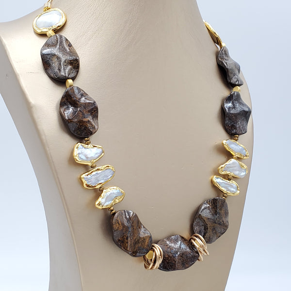 Bronzite and Baroque Freshwater Pearls Necklace