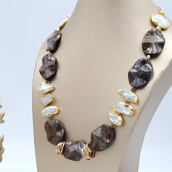 Bronzite and Baroque Freshwater Pearls Necklace